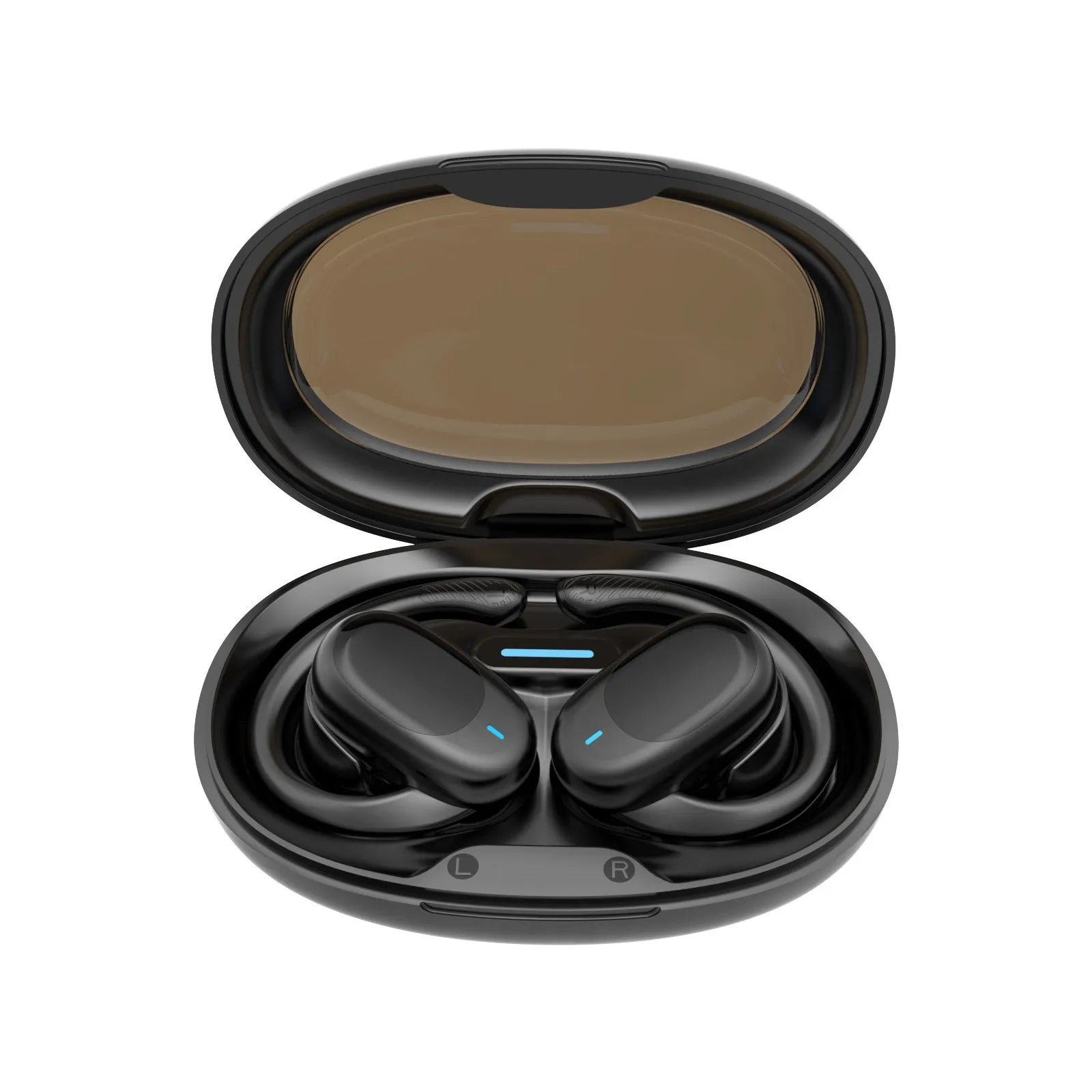 Non in-ear air conduction Bluetooth headset in black with breathing light, rotatable JM05 model on white background