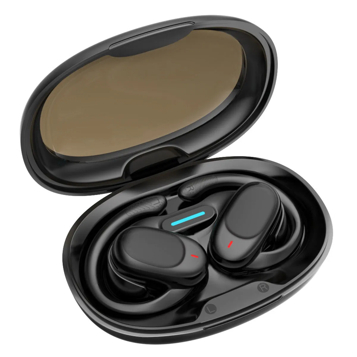 Non in-ear air conduction Bluetooth headset in black with breathing light, rotatable JM05 model on white background