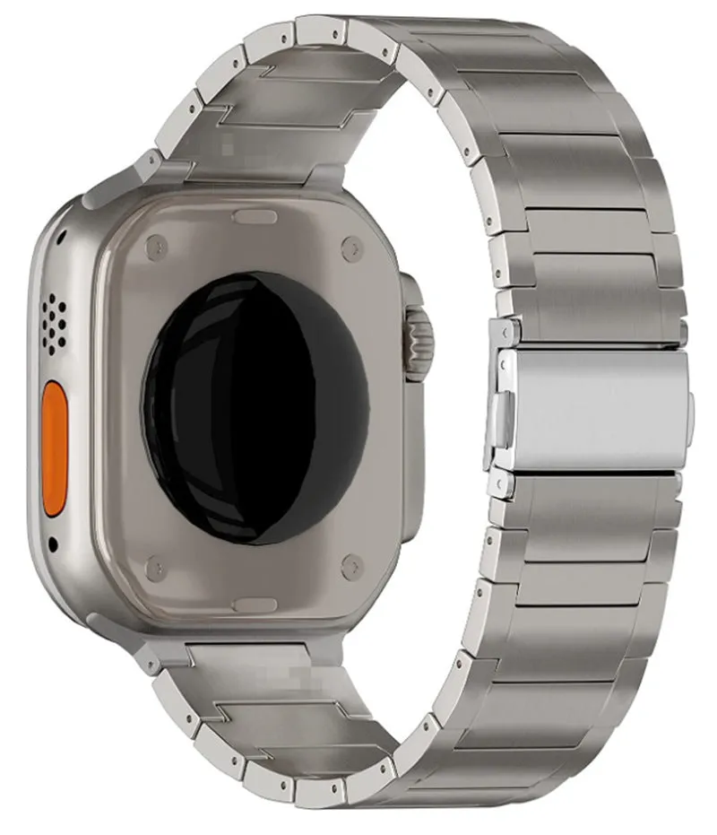Titanium metal watch strap with turtle buckle for Apple Watch 38 to 49mm case sizes in silver colour