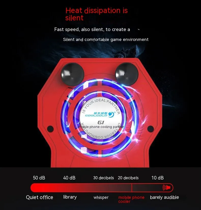 Portable cooling phone heat sink fan red colour 146mm with USB cable on white background