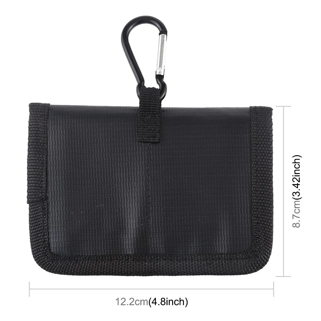 Black explosion-proof lithium battery storage bag with magic tape closure on a white background