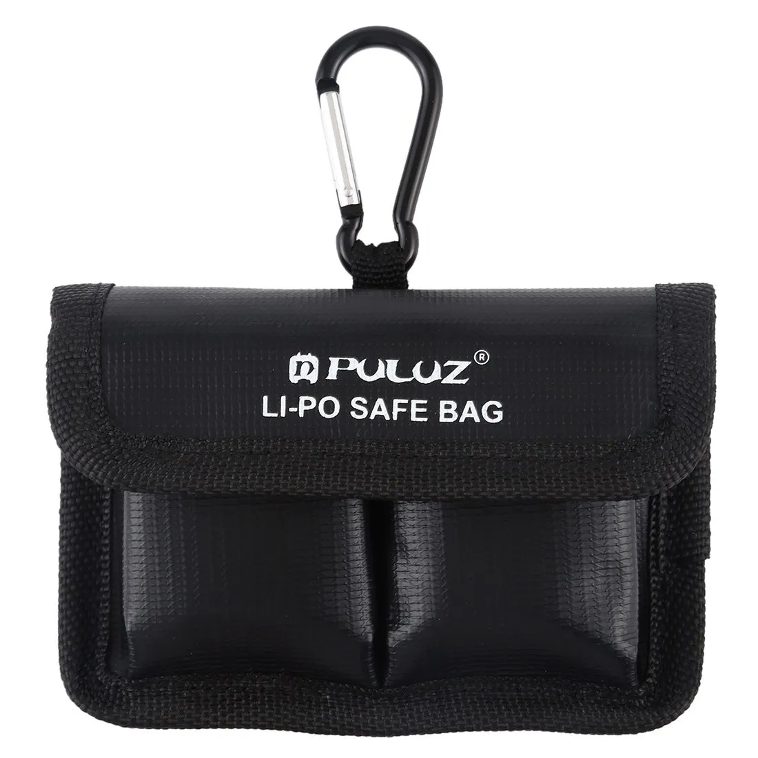 Black explosion-proof lithium battery storage bag with magic tape closure on a white background