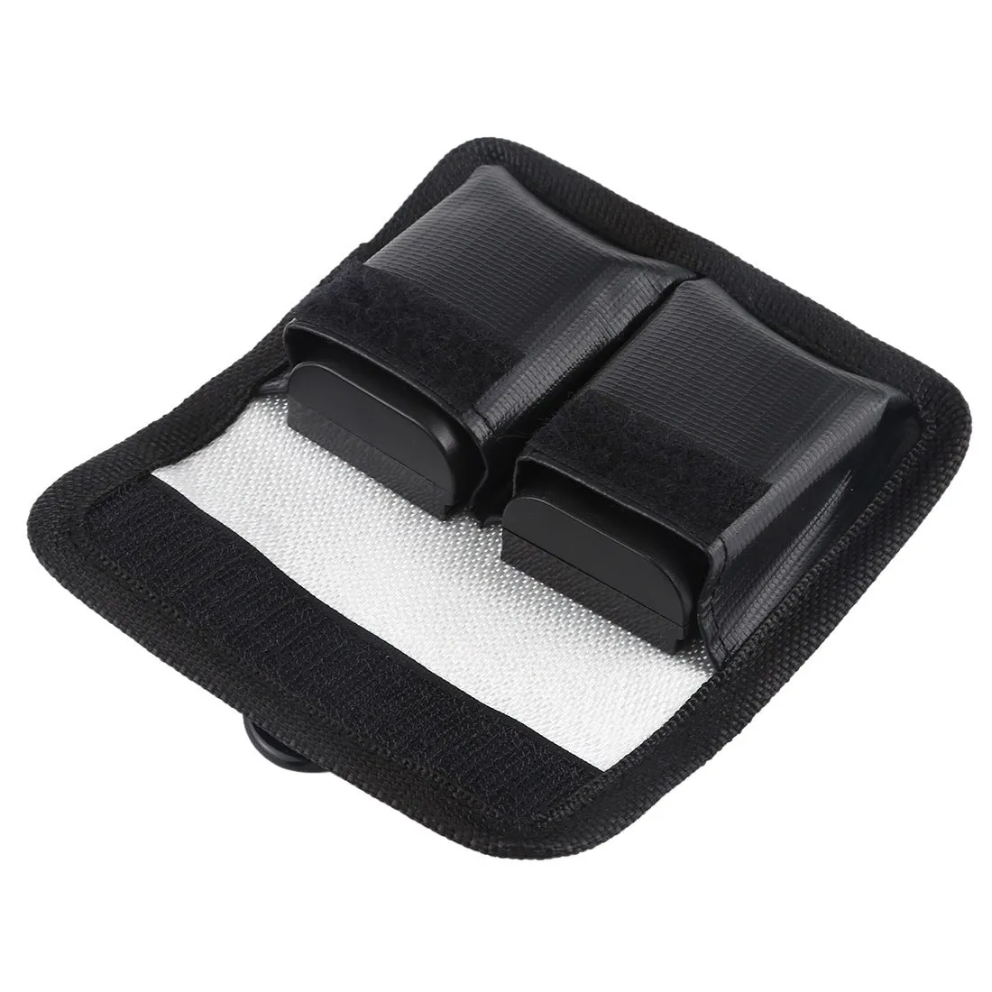 Black explosion-proof lithium battery storage bag with magic tape closure on a white background