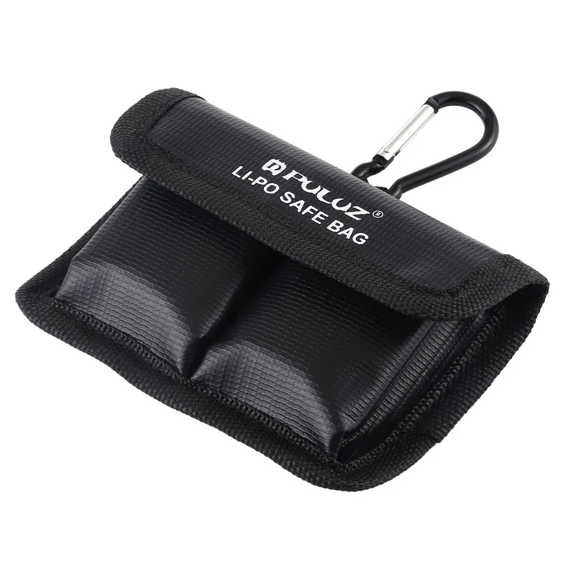 Black explosion-proof lithium battery storage bag with magic tape closure on a white background