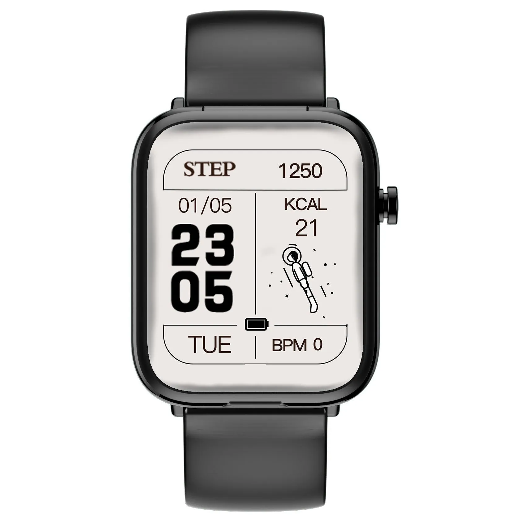 Black zinc alloy smartwatch with Bluetooth earpieces in charging case on a white background.