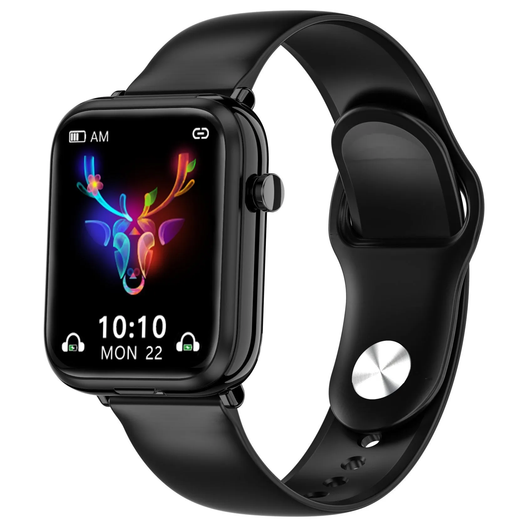 Black zinc alloy smartwatch with Bluetooth earpieces in charging case on a white background.