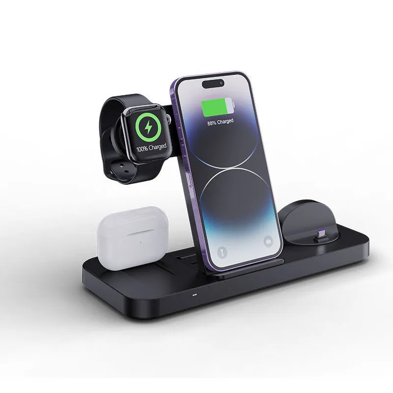 Multifunctional six-in-one foldable wireless charger in black plastic for phone earbuds and watch
