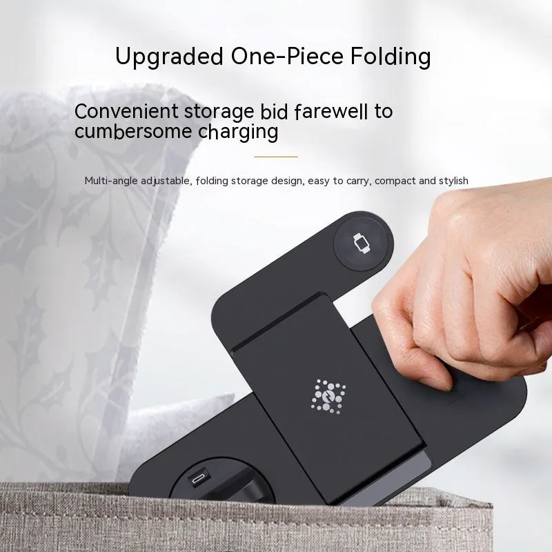 Multifunctional six-in-one foldable wireless charger in black plastic for phone earbuds and watch