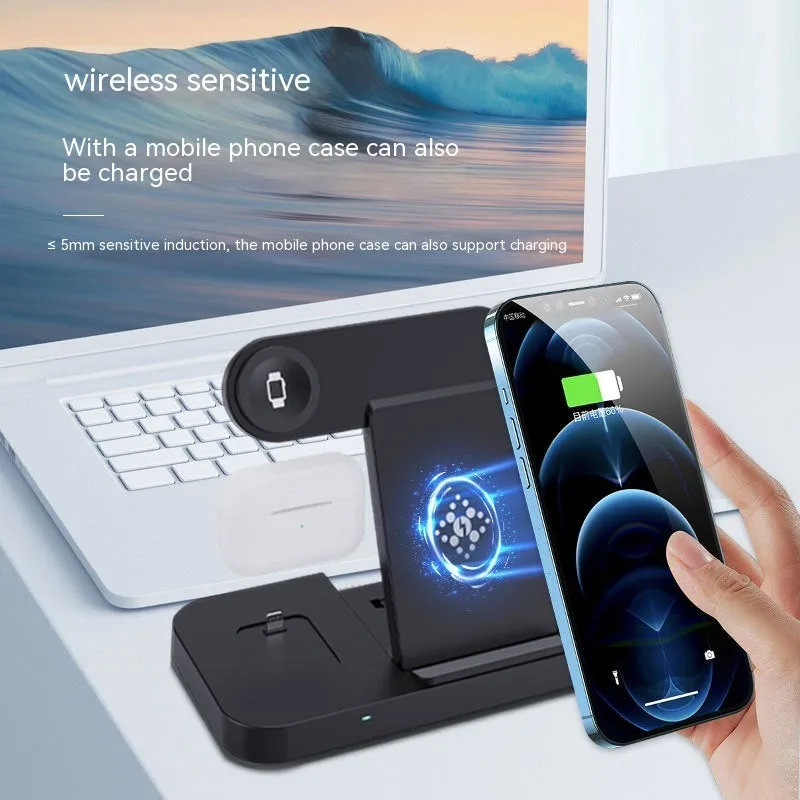 Multifunctional six-in-one foldable wireless charger in black plastic for phone earbuds and watch