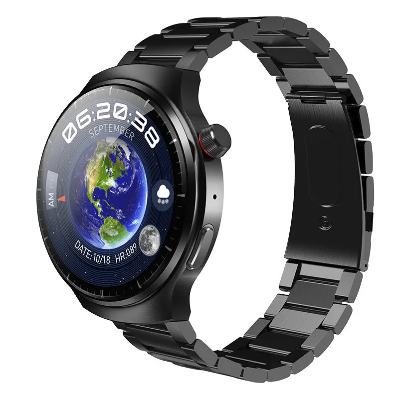 Bluetooth smart watch with blood pressure heart rate camera on black silicone band