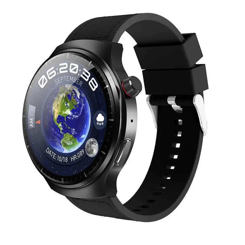 Bluetooth smart watch with blood pressure heart rate camera on black silicone band