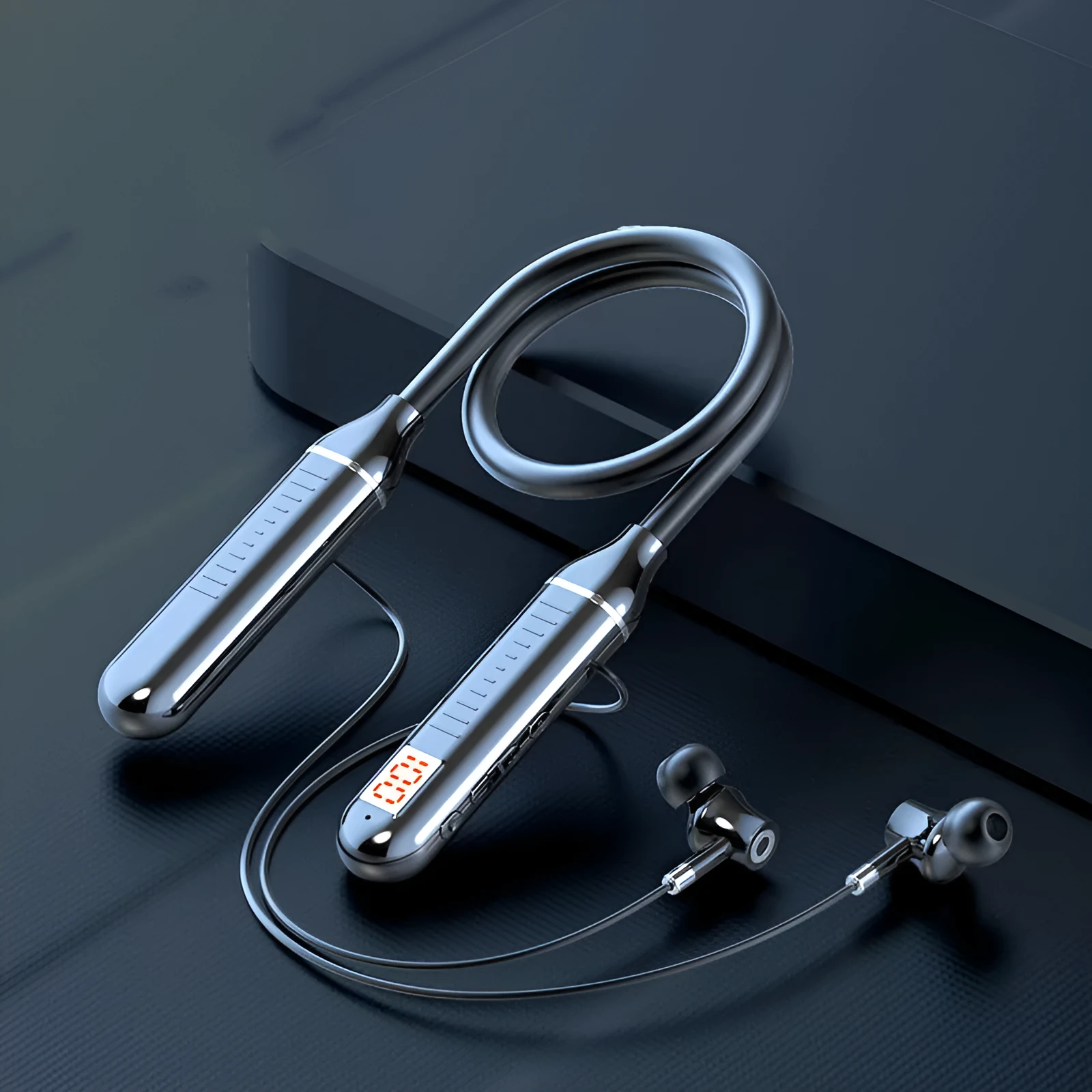 Wireless Bluetooth neckband sports headphones in black, red, purple, or green colours with a power display.