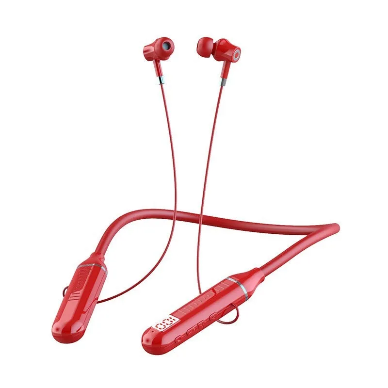 Wireless Bluetooth neckband sports headphones in black, red, purple, or green colours with a power display.