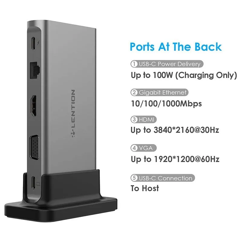 Plastic 11-in-1 USB-C docking station in deep space grey with multiple ports including HDMI, VGA, USB, and Ethernet