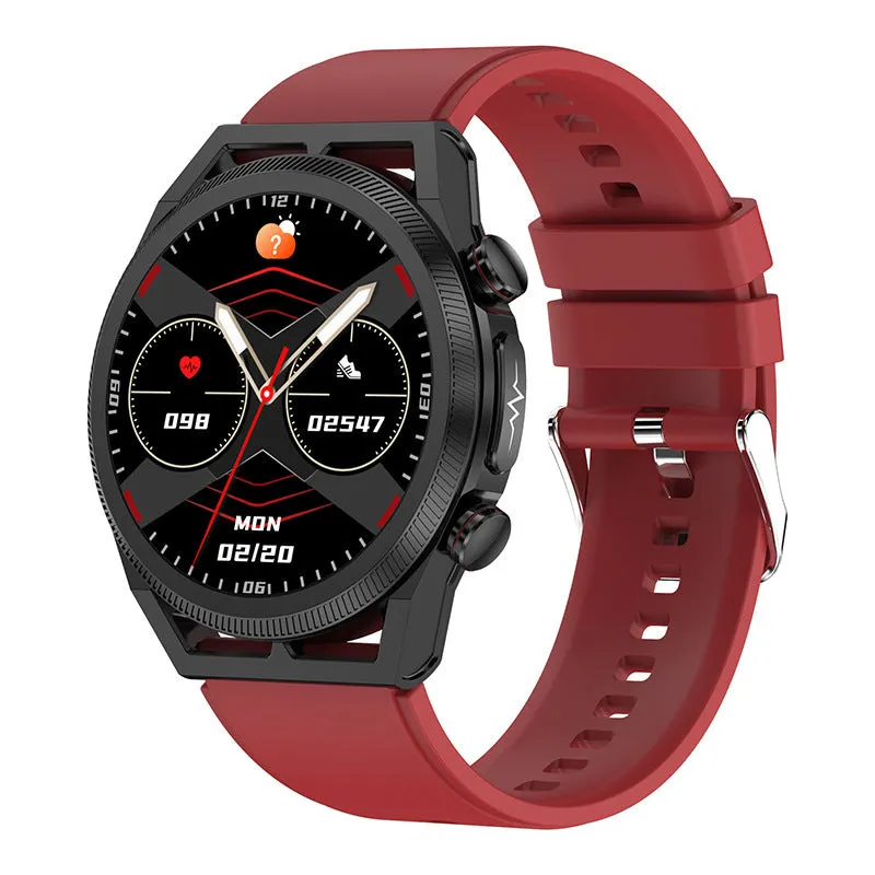Non-invasive blood sugar smart watch with 1.39 inch IPS screen and metal alloy shell on a black background