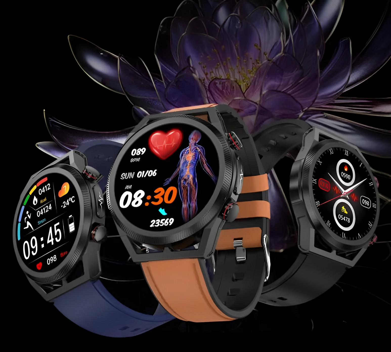 Non-invasive blood sugar smart watch with 1.39 inch IPS screen and metal alloy shell on a black background