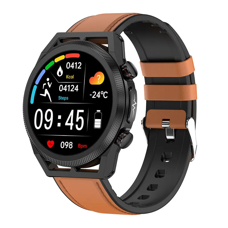 Non-invasive blood sugar smart watch with 1.39 inch IPS screen and metal alloy shell on a black background