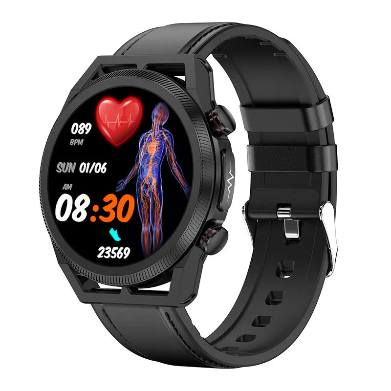 Non-invasive blood sugar smart watch with 1.39 inch IPS screen and metal alloy shell on a black background