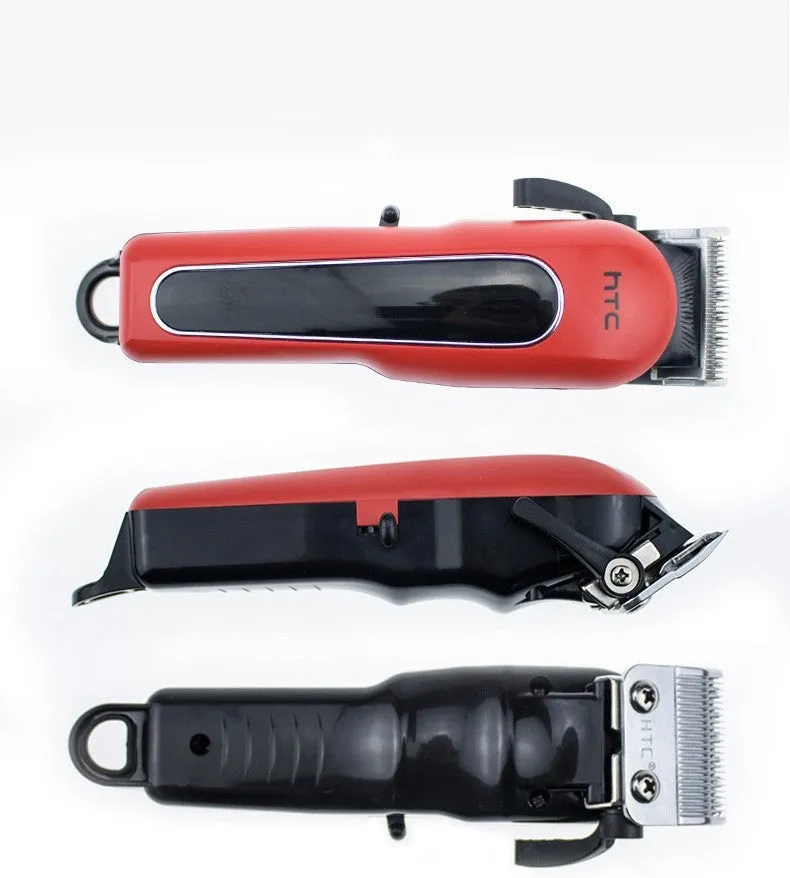 Professional digital electric hair clipper with limiting combs, available in black, red, and white colours.