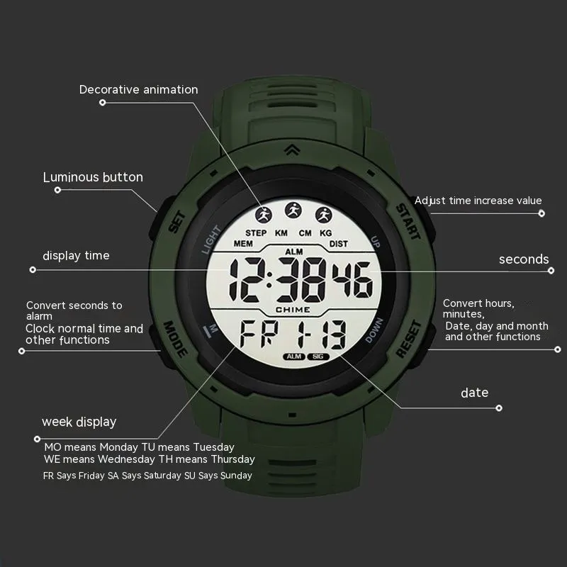 Men's Korean-style simple multi-functional electronic watch with green silicone strap and 50mm dial