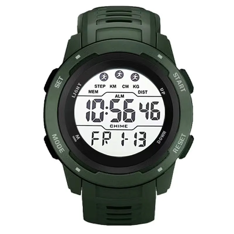 Men's Korean-style simple multi-functional electronic watch with green silicone strap and 50mm dial