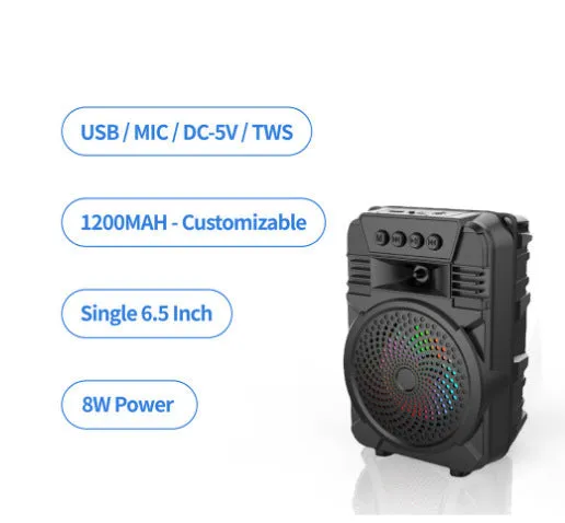 Black ABS Bluetooth speaker with outdoor portable microphone and subwoofer 140x210x109mm 600g