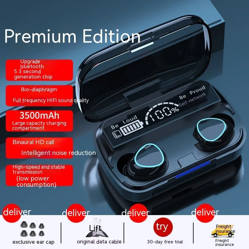 Men in-ear wireless Bluetooth headset with noise reduction, waterproof, ultra-long battery, black plastic build