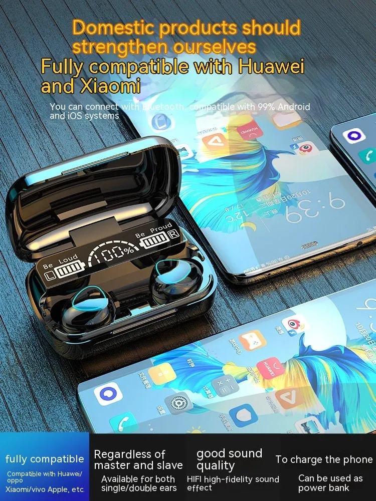 Men in-ear wireless Bluetooth headset with noise reduction, waterproof, ultra-long battery, black plastic build
