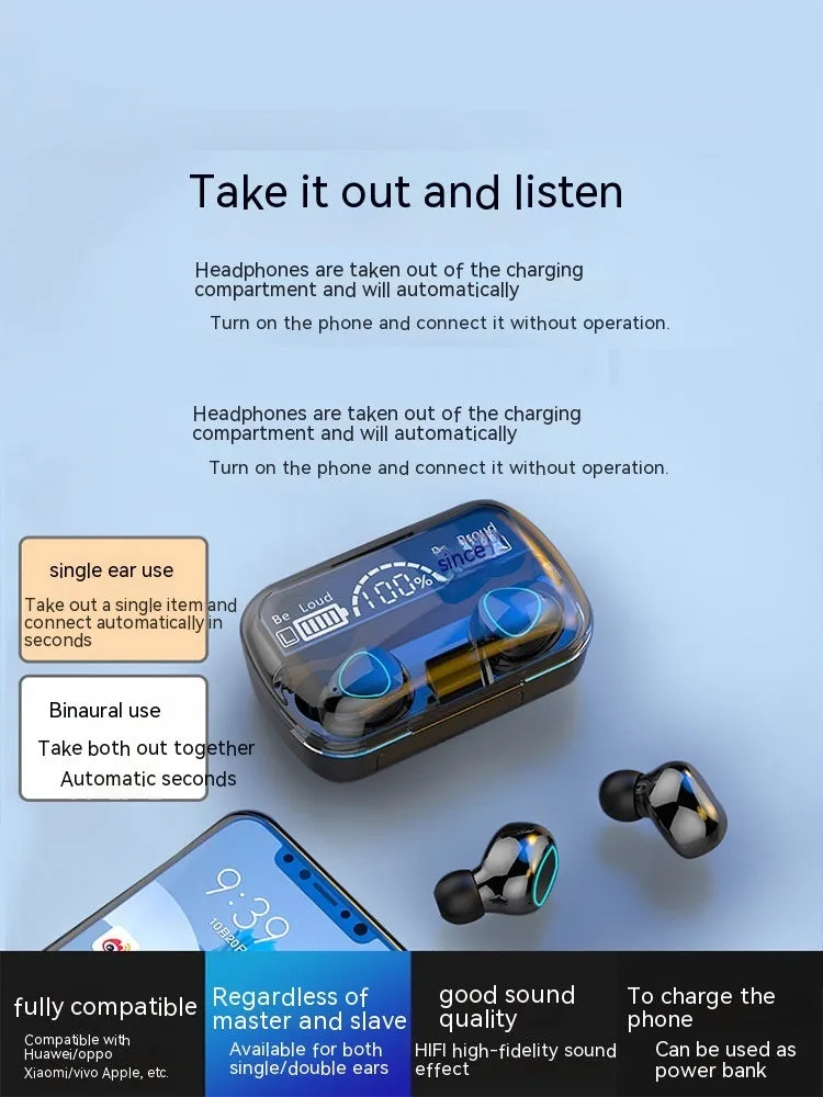 Men in-ear wireless Bluetooth headset with noise reduction, waterproof, ultra-long battery, black plastic build