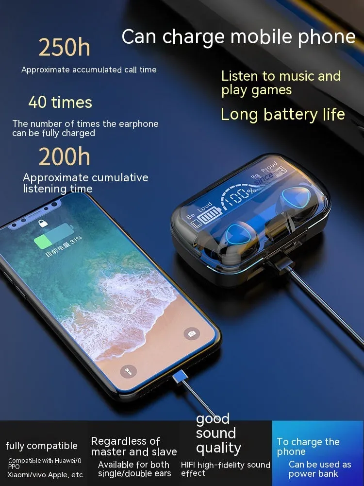 Men in-ear wireless Bluetooth headset with noise reduction, waterproof, ultra-long battery, black plastic build