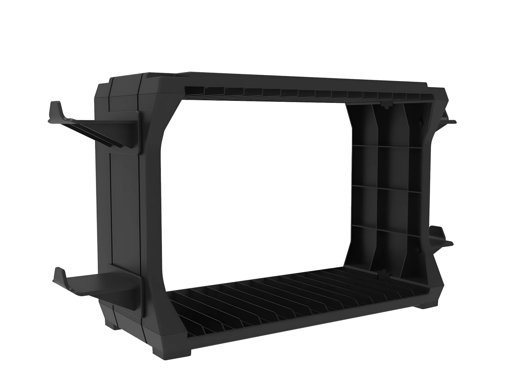 Black PS5 disc holder stand with slots for game cases and a rack holding four controllers.