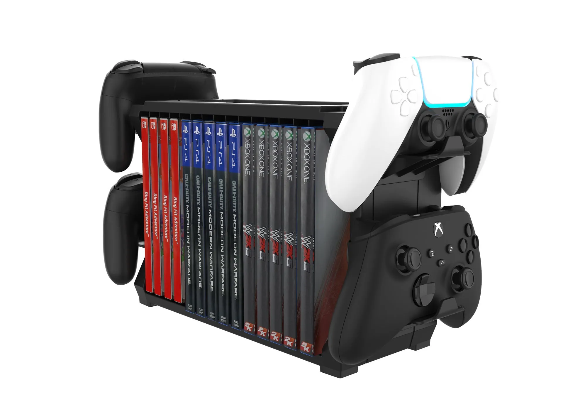 Black PS5 disc holder stand with slots for game cases and a rack holding four controllers.