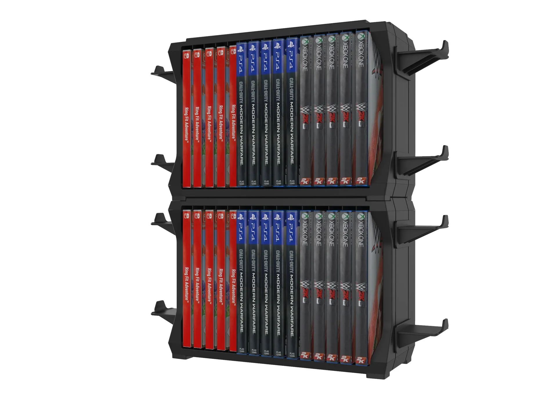 Black PS5 disc holder stand with slots for game cases and a rack holding four controllers.