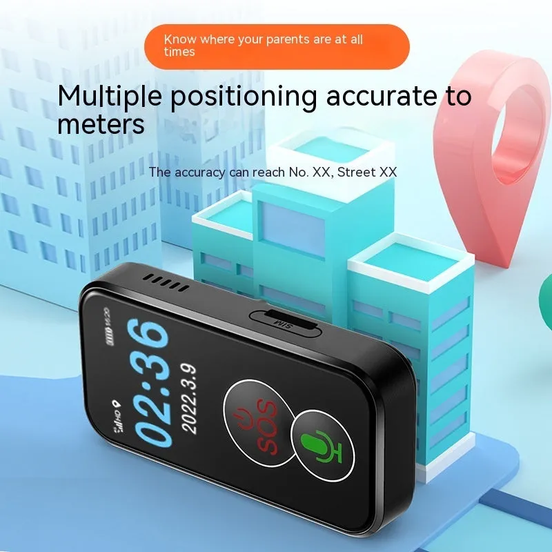 Black 4G GPS child positioning device with PC+ABS casing and display showing map interface