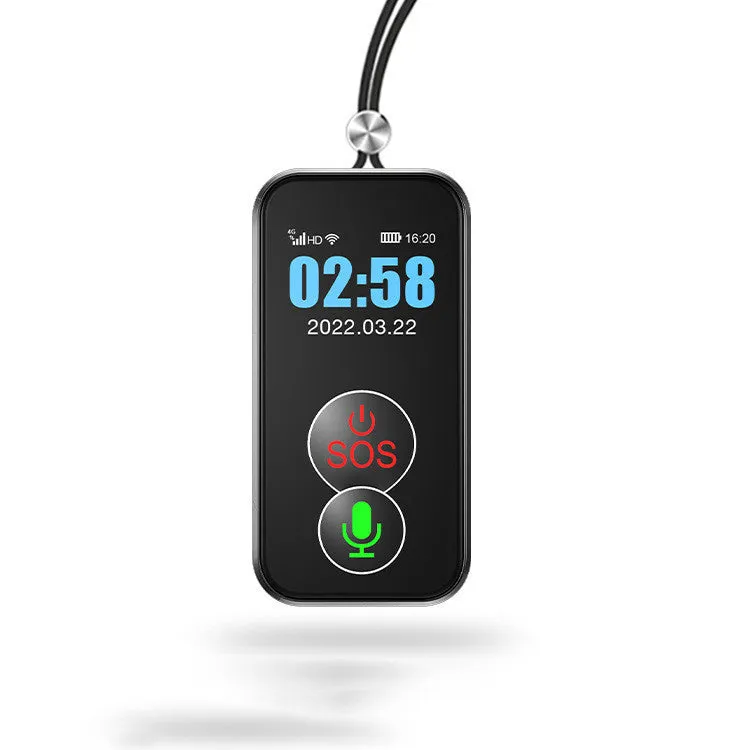 Black 4G GPS child positioning device with PC+ABS casing and display showing map interface