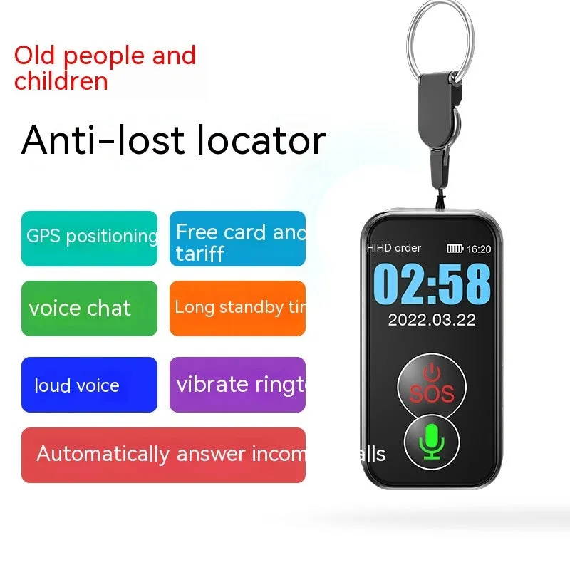 Black 4G GPS child positioning device with PC+ABS casing and display showing map interface