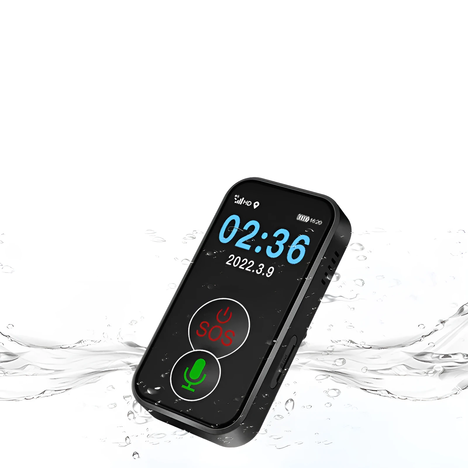 Black 4G GPS child positioning device with PC+ABS casing and display showing map interface