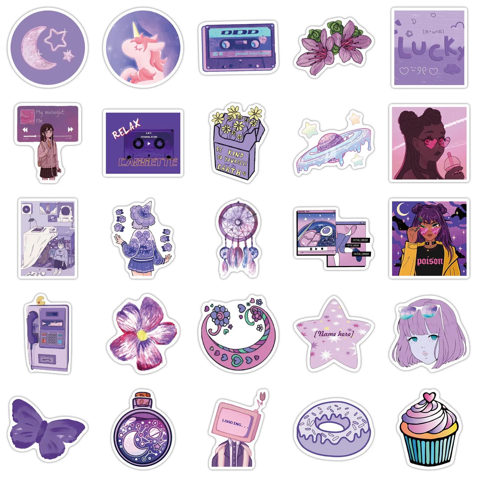 Purple graffiti cartoon self-adhesive stickers for luggage, 50 pack, each 4-6cm, with colourful cartoon skin pattern