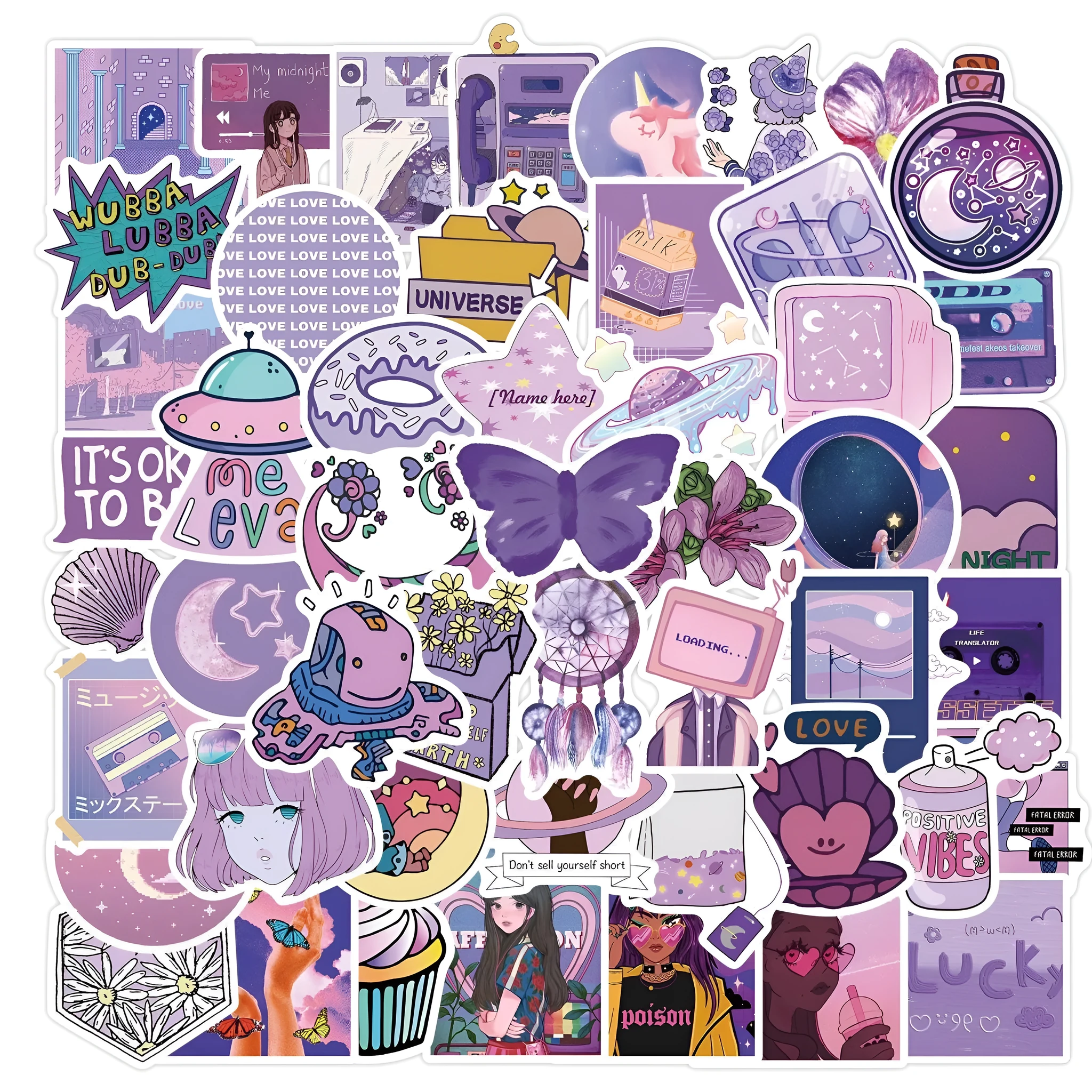 Purple graffiti cartoon self-adhesive stickers for luggage, 50 pack, each 4-6cm, with colourful cartoon skin pattern