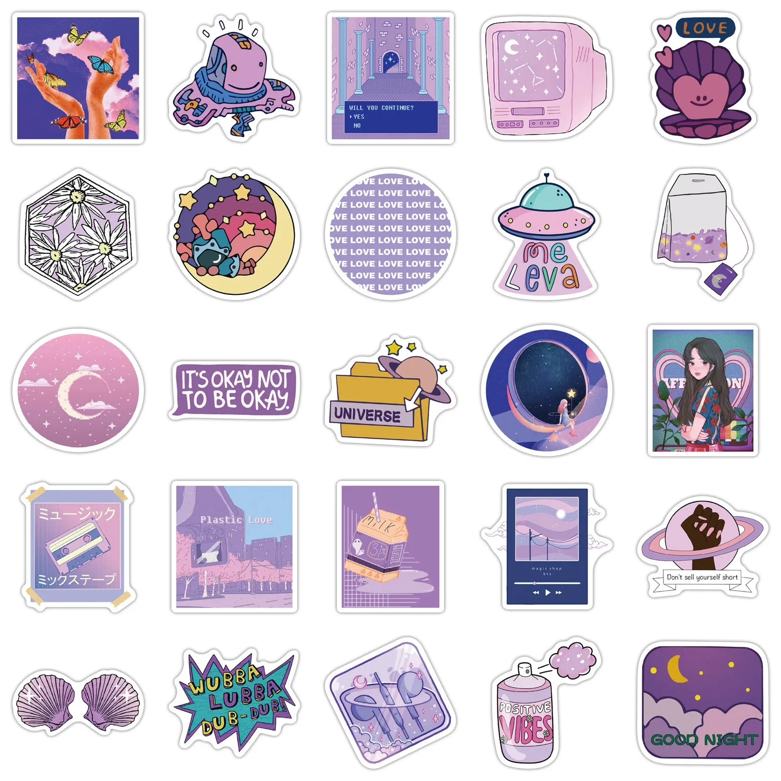 Purple graffiti cartoon self-adhesive stickers for luggage, 50 pack, each 4-6cm, with colourful cartoon skin pattern