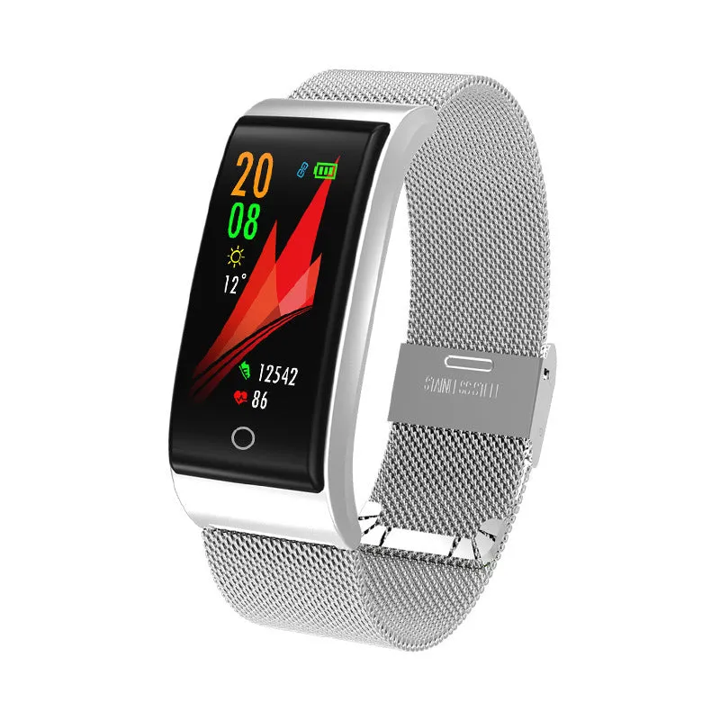 Fashion F4 smart bracelet with colour screen and tin alloy body in black, gold, and silver