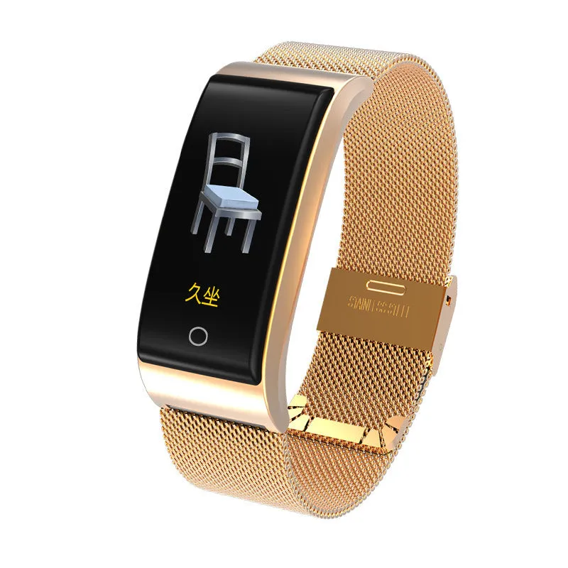 Fashion F4 smart bracelet with colour screen and tin alloy body in black, gold, and silver