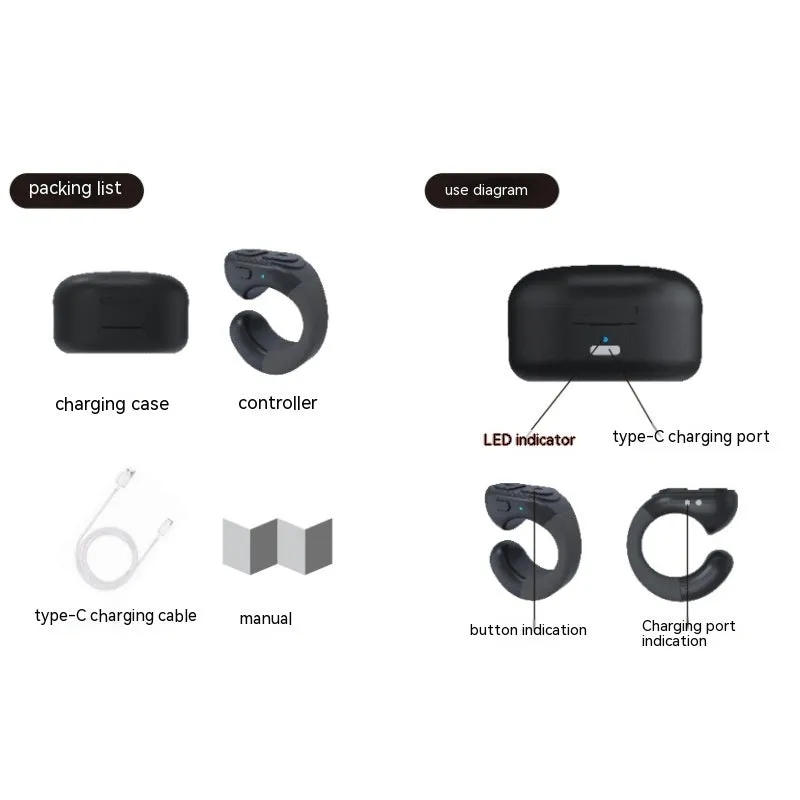 Black plastic Bluetooth remote control for phone photography with charging compartment