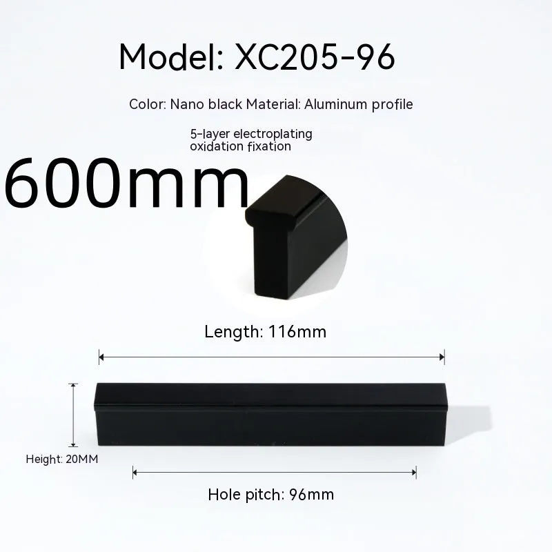 Aluminium alloy T-bar cabinet door handle in black anodic oxidation finish with screw holes visible