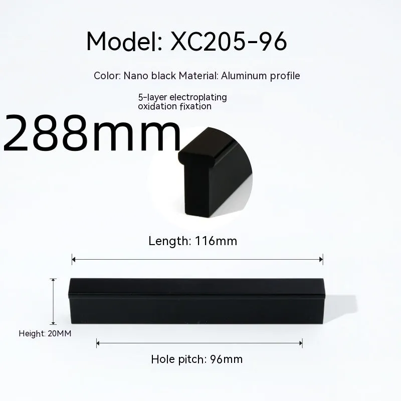Aluminium alloy T-bar cabinet door handle in black anodic oxidation finish with screw holes visible