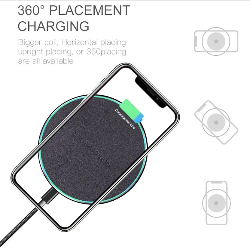 Black circular Qi wireless charging pad for iPhone 11 with LED light indicator