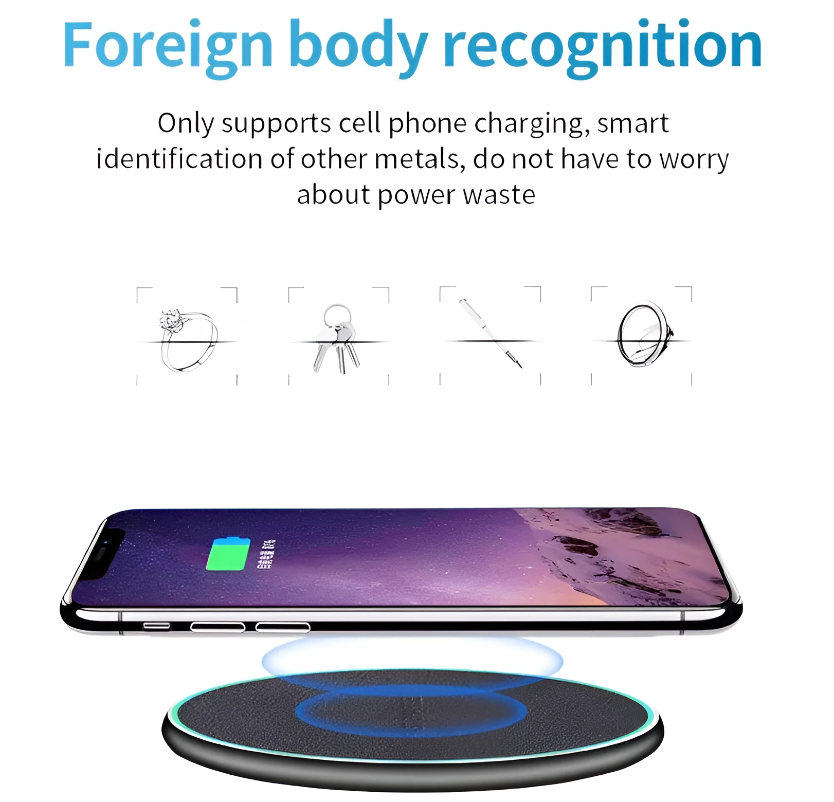 Black circular Qi wireless charging pad for iPhone 11 with LED light indicator