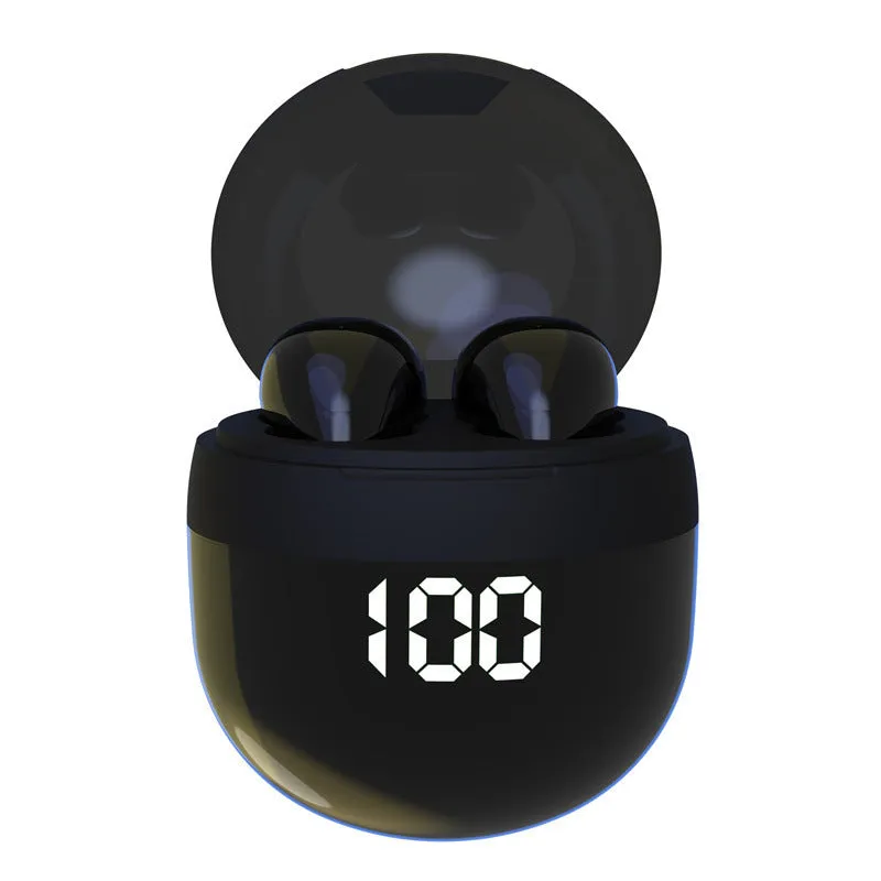Sports TWS in-ear Bluetooth headset in black with digital display showing battery level