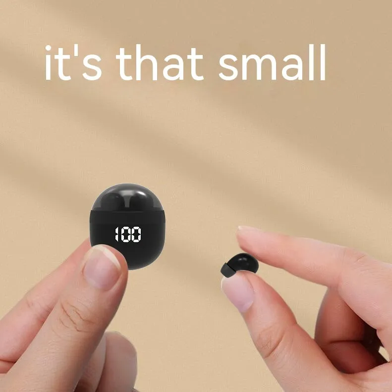 Sports TWS in-ear Bluetooth headset in black with digital display showing battery level