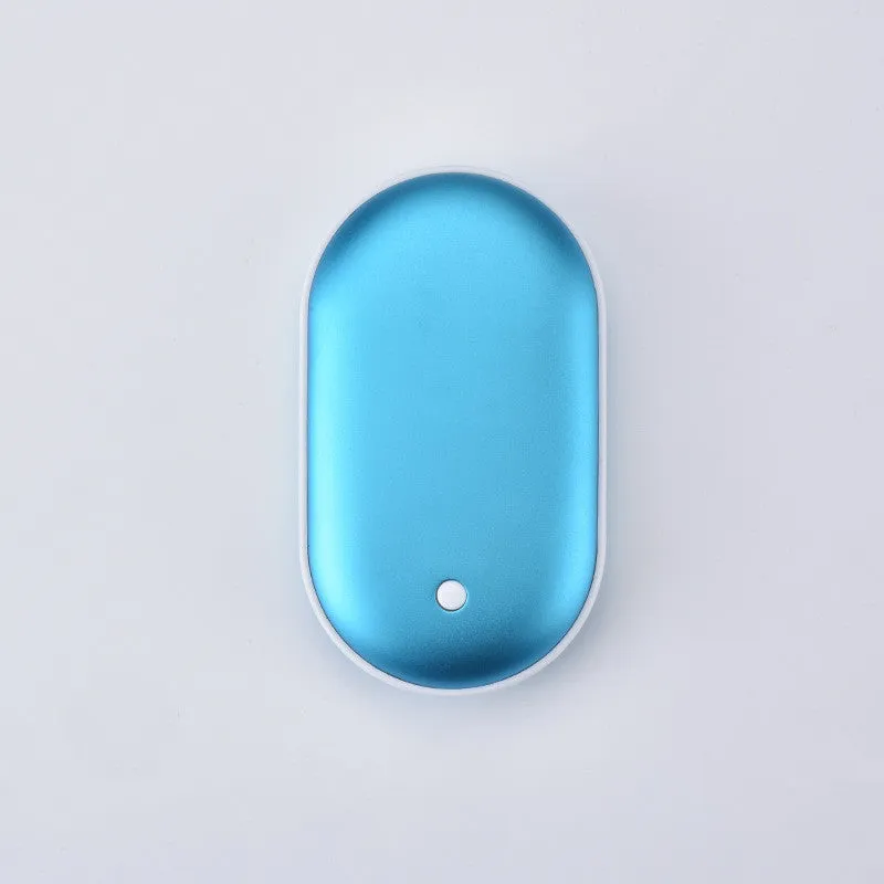Small rectangular rechargeable hand warmer and power bank in a choice of colours including blue, gold, pink, and silver